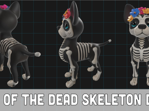 Day of the Dead Skeleton Dog Cute Halloween Dog Character with Flowers Modelo 3D