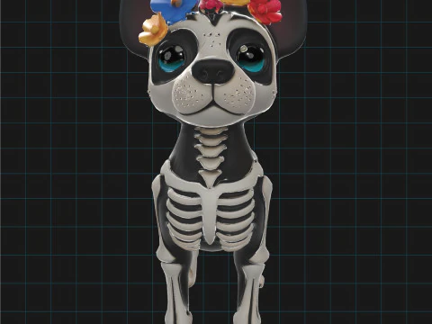 Day of the Dead Skeleton Dog Cute Halloween Dog Character with Flowers 3D Model