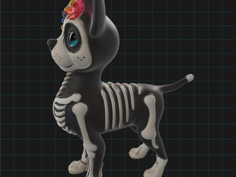 Day of the Dead Skeleton Dog Cute Halloween Dog Character with Flowers Model 3D