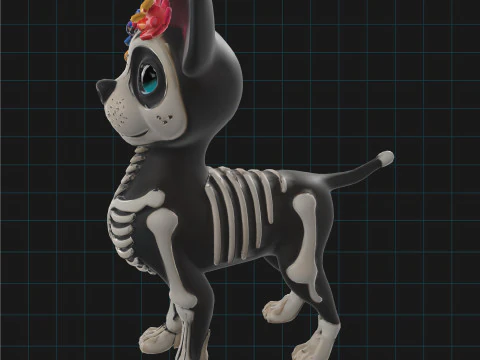 Day of the Dead Skeleton Dog Cute Halloween Dog Character with Flowers 3D Model