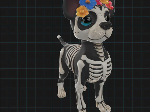 Day of the Dead Skeleton Dog Cute Halloween Dog Character with Flowers 3D Model