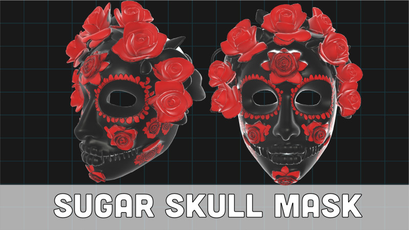 Day of the Dead Sugar Skull Mask with Red Roses Model 3D .c4d .max .obj .3ds .fbx .stl .blend 