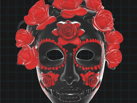 Day of the Dead Sugar Skull Mask with Red Roses 3D Model