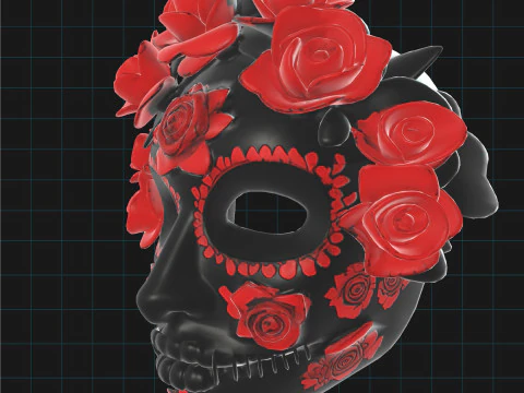 Day of the Dead Sugar Skull Mask with Red Roses 3D Model