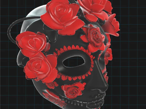 Day of the Dead Sugar Skull Mask with Red Roses 3D Model