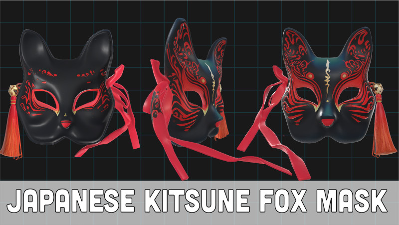 Japanese Kitsune Fox Mask Traditional Anime Cosplay 3D Модель .c4d .max .obj .3ds .fbx .stl .blend