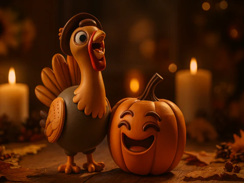 Tacchino e zucca Duo Ringraziamento Decorazione autunnale Espositore festivo per le vacanze Modello di stampa 3D