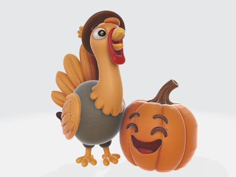 칠면조와 호박 듀오 추수감사절 가을 장식 축제 휴일 디스플레이 3D 프린트 모델
