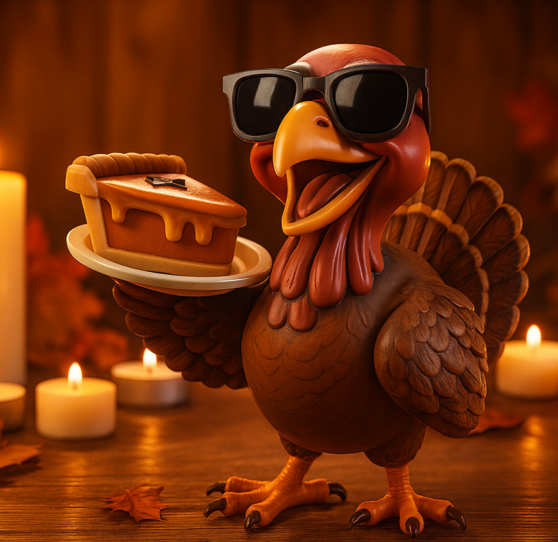 戴着墨镜的酷火鸡拿着南瓜派有趣的 3D 打印模型用于感恩节节日装饰 3D 打印模型 .c4d .max .obj .3ds .fbx .stl .blend