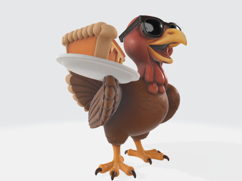 戴着墨镜的酷火鸡拿着南瓜派有趣的 3D 打印模型用于感恩节节日装饰 3D 打印模型