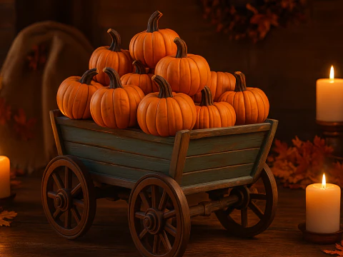 Pumpkin Cart Model Rustic Wagon with Pumpkins Fall Halloween Harvest Farmhouse Decor 3D Print Model