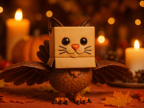 Skurrile Katze-Eule-Hybrid-Figur, einzigartige 3D-gedruckte Fantasy-Kreatur-Skulptur, niedliches Tier-Mashup 3D Druckmodell