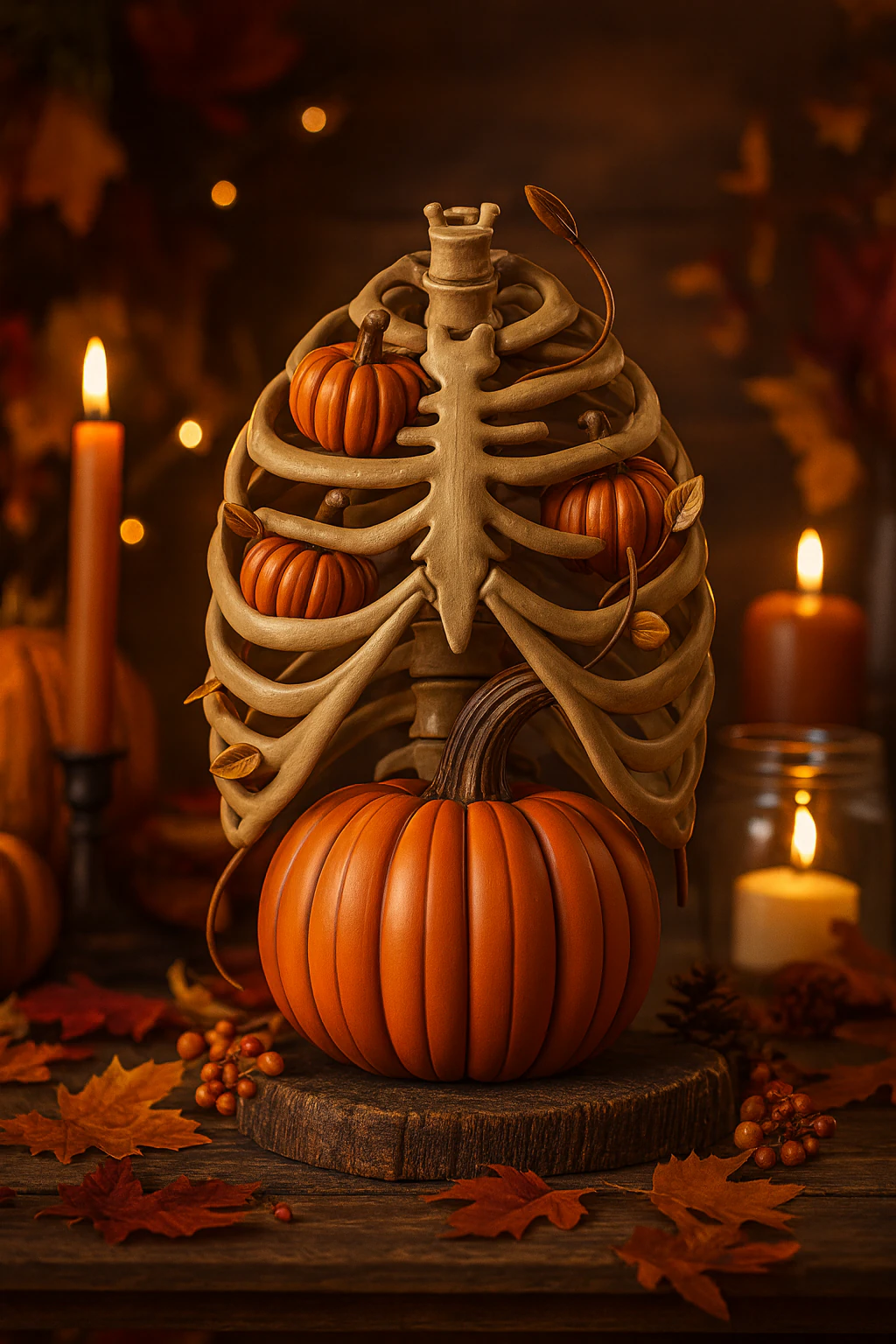 Halloween Rib Cage with Pumpkins Gothic Anatomical Decor Spooky Skeleton Pumpkin Art 3D Print Model .c4d .max .obj .3ds .fbx .stl .blend 