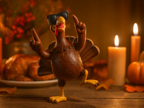 Cool Dancing Turkey com &oacute;culos de sol Divertido Dia de A&ccedil;&atilde;o de Gra&ccedil;as Decora&ccedil;&atilde;o impressa em 3D Pe&ccedil;a central de festa Hol Modelo de Impressão 3D