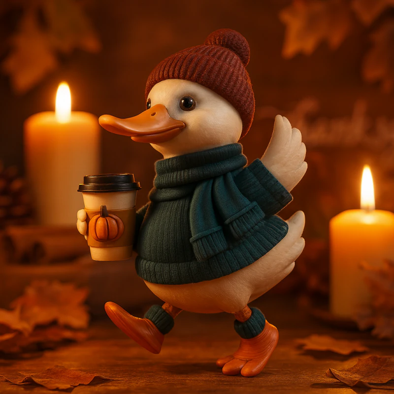 Schattig eendbeeldje in gezellige herfstoutfit Thanksgiving-decor met koffiekopje herfstseizoen 3D printmodel .c4d .max .obj .3ds .fbx .stl .blend