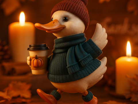 Estatueta de pato fofa em roupa aconchegante de outono, decoração de ação de graças com xícara de café, outono sazonal Modelo de Impressão 3D