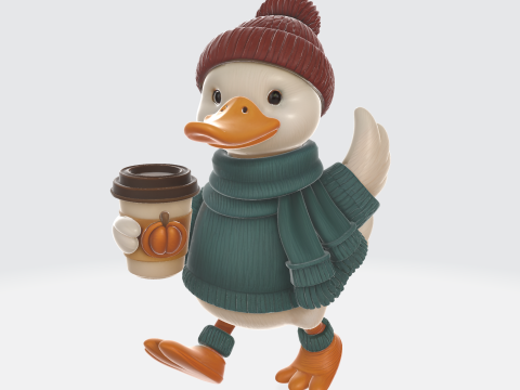 Schattig eendbeeldje in gezellige herfstoutfit Thanksgiving-decor met koffiekopje herfstseizoen 3D printmodel