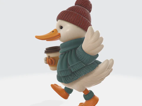 Figurine de canard mignonne dans une tenue d'automne confortable, d&eacute;cor de Thanksgiving avec tasse &agrave; caf&eacute;, saison d'automne Modèles 3D en vedette