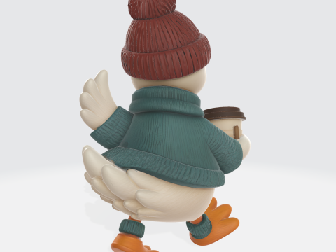 Schattig eendbeeldje in gezellige herfstoutfit Thanksgiving-decor met koffiekopje herfstseizoen 3D printmodel