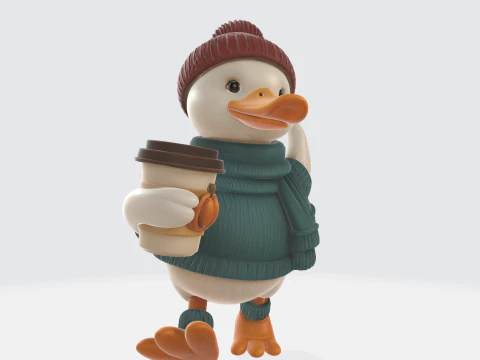 Figurine de canard mignonne dans une tenue d'automne confortable, d&eacute;cor de Thanksgiving avec tasse &agrave; caf&eacute;, saison d'automne Modèles 3D en vedette