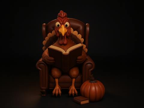 Acción de Gracias Turquía Silla de lectura Decoración Acogedora Otoño Vacaciones Calabaza Amante de los libros Figura Modelo de impresión 3D