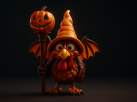 Halloween-Truthahn-Zauberer mit Kürbisstab, gruselige Truthahn-Figur, einzigartige Weihnachtsdekoration 3D Druckmodell