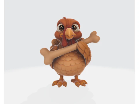 Cute Cartoon Turkey Holding Bone 3D Printable Thanksgiving Figurine Adorable Animal Model for Ho 3D Print Model