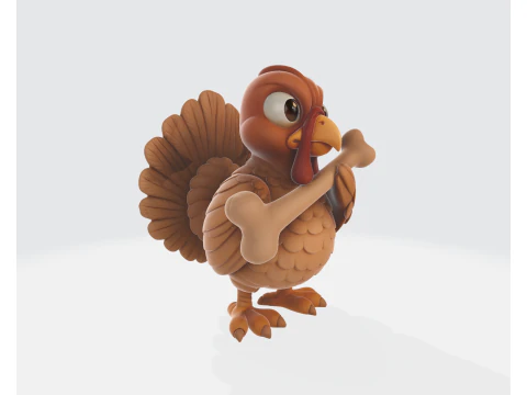 Cute Cartoon Turkey Holding Bone 3D Printable Thanksgiving Figurine Adorable Animal Model for Ho 3D Print Model