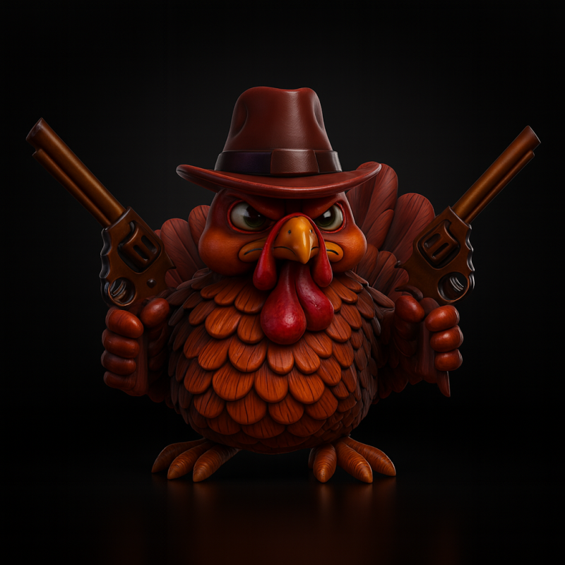 Wild West Turkey Funny Cowboy Turkey Figurine Thanksgiving Decor Gun-Slinging Turkey 3D Print Model .c4d .max .obj .3ds .fbx .stl .blend 