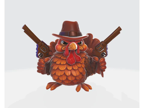 Wild West Turkey Funny Cowboy Turkey Figurine Thanksgiving Decor Gun-Slinging Turkey 3D Print Model