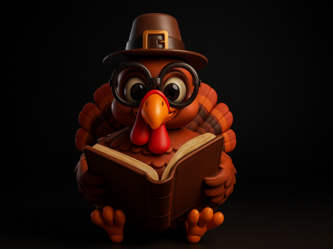 Geleerde met boek 3D-geprint cartoon Turkije-beeldje Schattige kalkoendecoratie met hoed en gla 3D printmodel