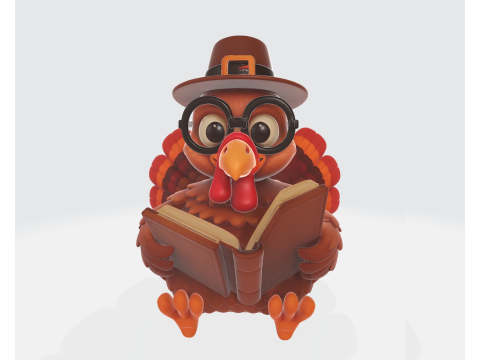 Uczony z książką Wydrukowana w 3D figurka indyka z kreskówek Urocza dekoracja indyka z kapeluszem i szkłem Model do druku 3D