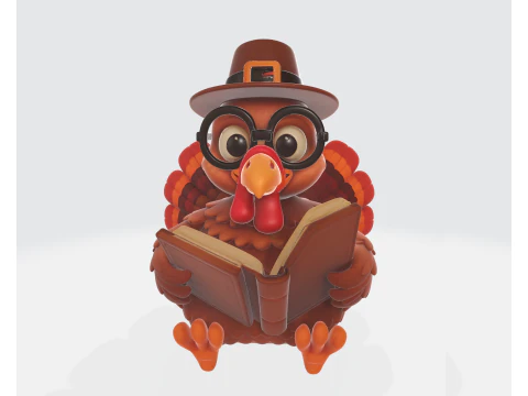 Scholar with Book 3D Printed Cartoon Turkey Figurine Adorable Turkey Decoration with Hat and Gla 3D Print Model