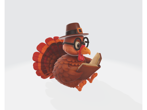 Uczony z książką Wydrukowana w 3D figurka indyka z kreskówek Urocza dekoracja indyka z kapeluszem i szkłem Model do druku 3D