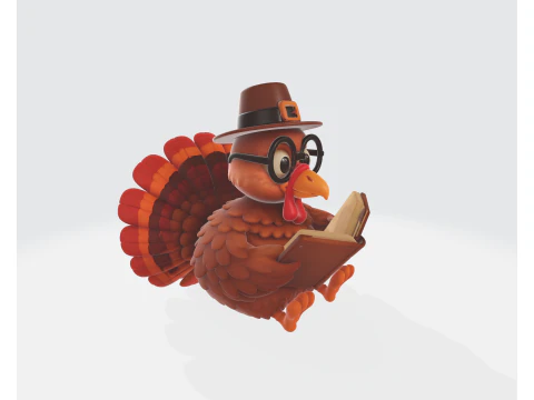 Scholar with Book 3D Printed Cartoon Turkey Figurine Adorable Turkey Decoration with Hat and Gla 3D Print Model