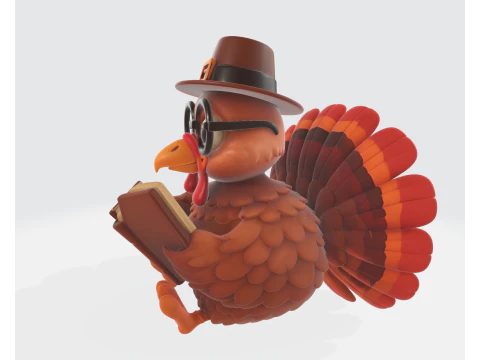 Scholar with Book 3D Printed Cartoon Turkey Figurine Adorable Turkey Decoration with Hat and Gla 3D Print Model