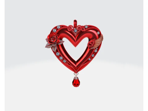 Valentine Heart Ornament Romantic Decorative Heart with Rose and Crystal Drop Saint Valentine 3D Print Model
