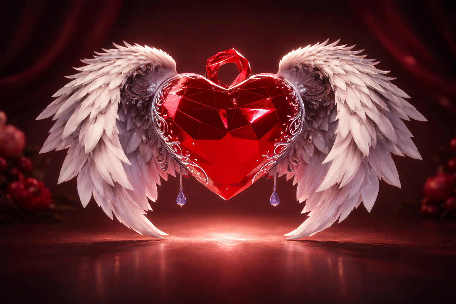 Gefl&uuml;geltes Kristallherz, 3D-Druck, Valentinstag-Dekoration, Engelsfl&uuml;gel, Herzskulptur, romantisches Geschenk f&uuml;r Sie 3D Druckmodell .c4d .max .obj .3ds .fbx .stl .blend 