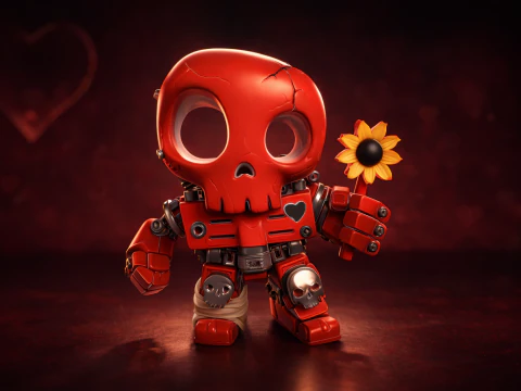 Rob&ocirc; de caveira vermelha com flor fofa dia dos namorados estatueta impressa em 3D presente de amor g&oacute;tico rom&acirc;ntico nerd Modelo de Impressão 3D
