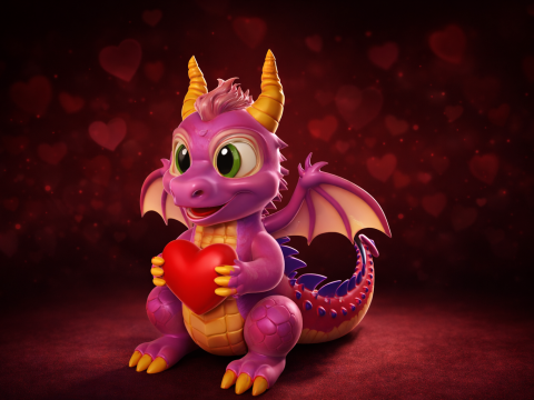 可爱的龙抱着心情人节 3D 打印雕像浪漫幻想龙礼物送给 H 3D 打印模型