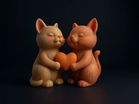 Bonito casal de gato dos namorados segurando cora&ccedil;&atilde;o rom&acirc;ntico 3D impresso estatueta de amor presente de S&atilde;o Valentim f Modelo de Impressão 3D