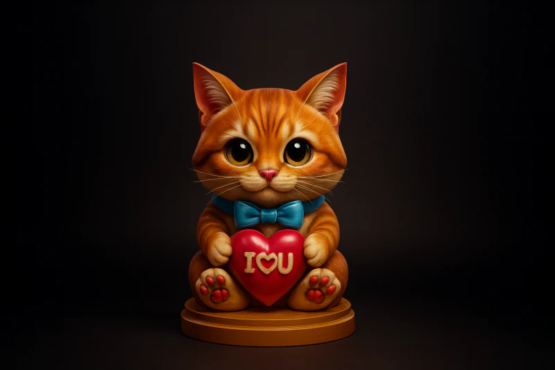 Figurine de chat mignonne de saint-valentin, Adorable chat d'amour imprimé en 3D tenant un cœur, cadeau romantique pour Valentin Modèles 3D en vedette .c4d .max .obj .3ds .fbx .stl .blend
