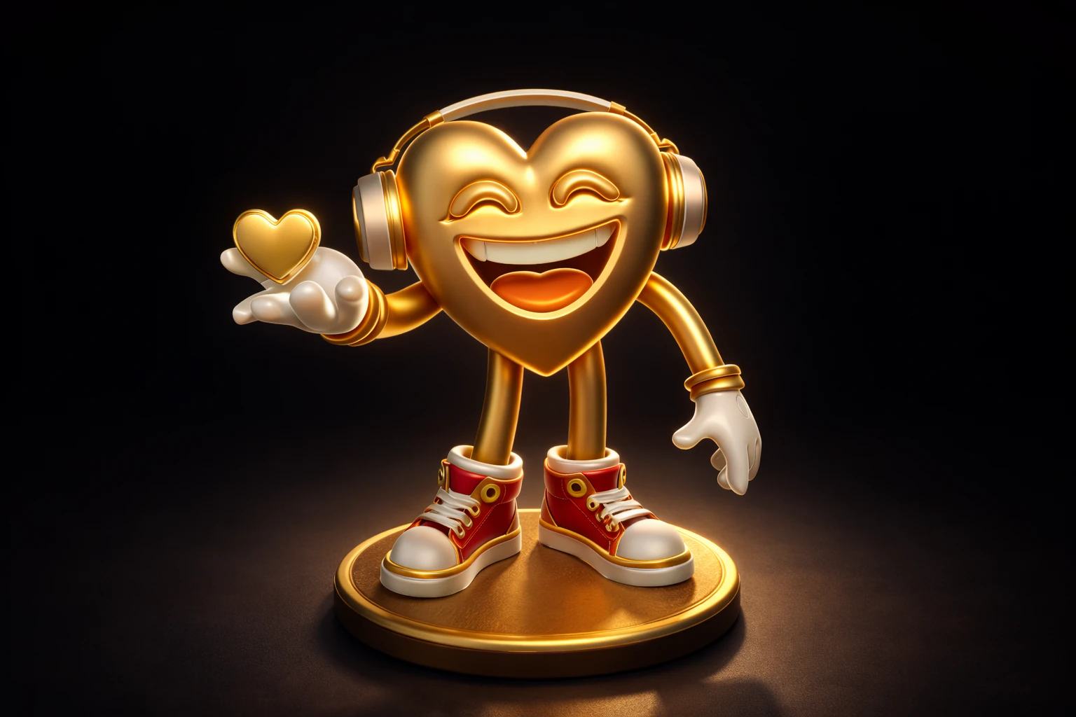 Golden Heart Valentine Figurine Cute 3D Printed Love Character with Headphones Romantic 3D Print Model .c4d .max .obj .3ds .fbx .stl .blend
