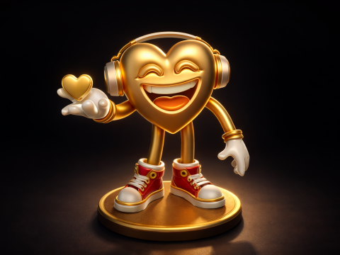 Estatueta de cora&ccedil;&atilde;o dourado dos namorados, personagem de amor impresso em 3D fofo com fones de ouvido rom&acirc;ntico Impressão 3D