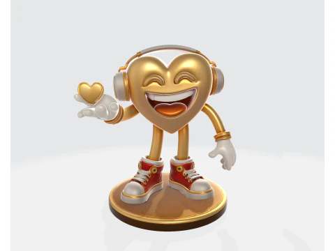 Golden Heart Valentine Figurine Cute 3D Printed Love Character with Headphones Romantic 3D Print Model