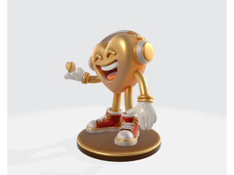 Golden Heart Valentine Figurine Cute 3D Printed Love Character with Headphones Romantic 3D Print Model