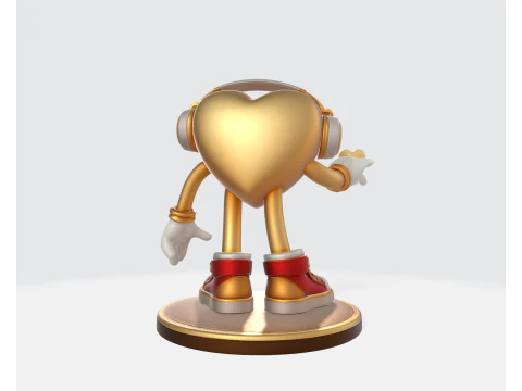 Golden Heart Valentine Figurine Cute 3D Printed Love Character with Headphones Romantic 3D Print Model