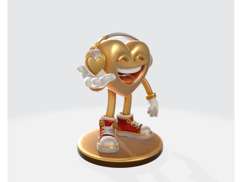 Golden Heart Valentine Figurine Cute 3D Printed Love Character with Headphones Romantic 3D Print Model