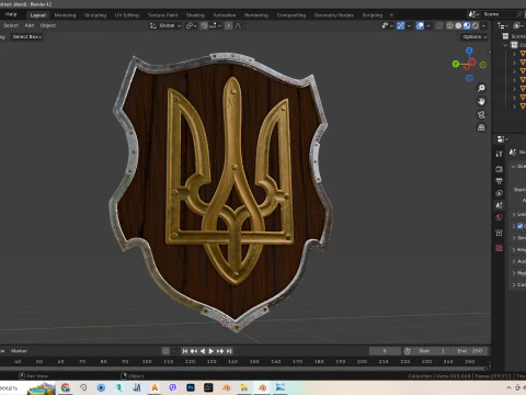 Shield of a warrior with a trident made of gold 3D Model