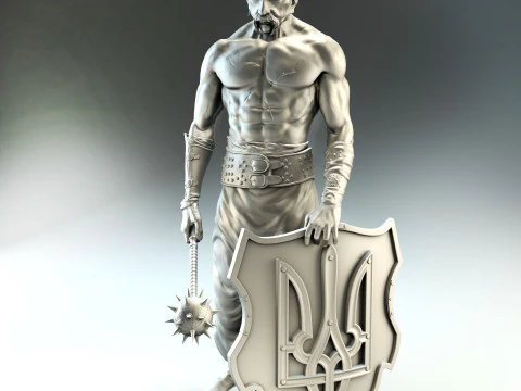 Kozak met knots en schild met drietand voor 3D-printen 3D printmodel